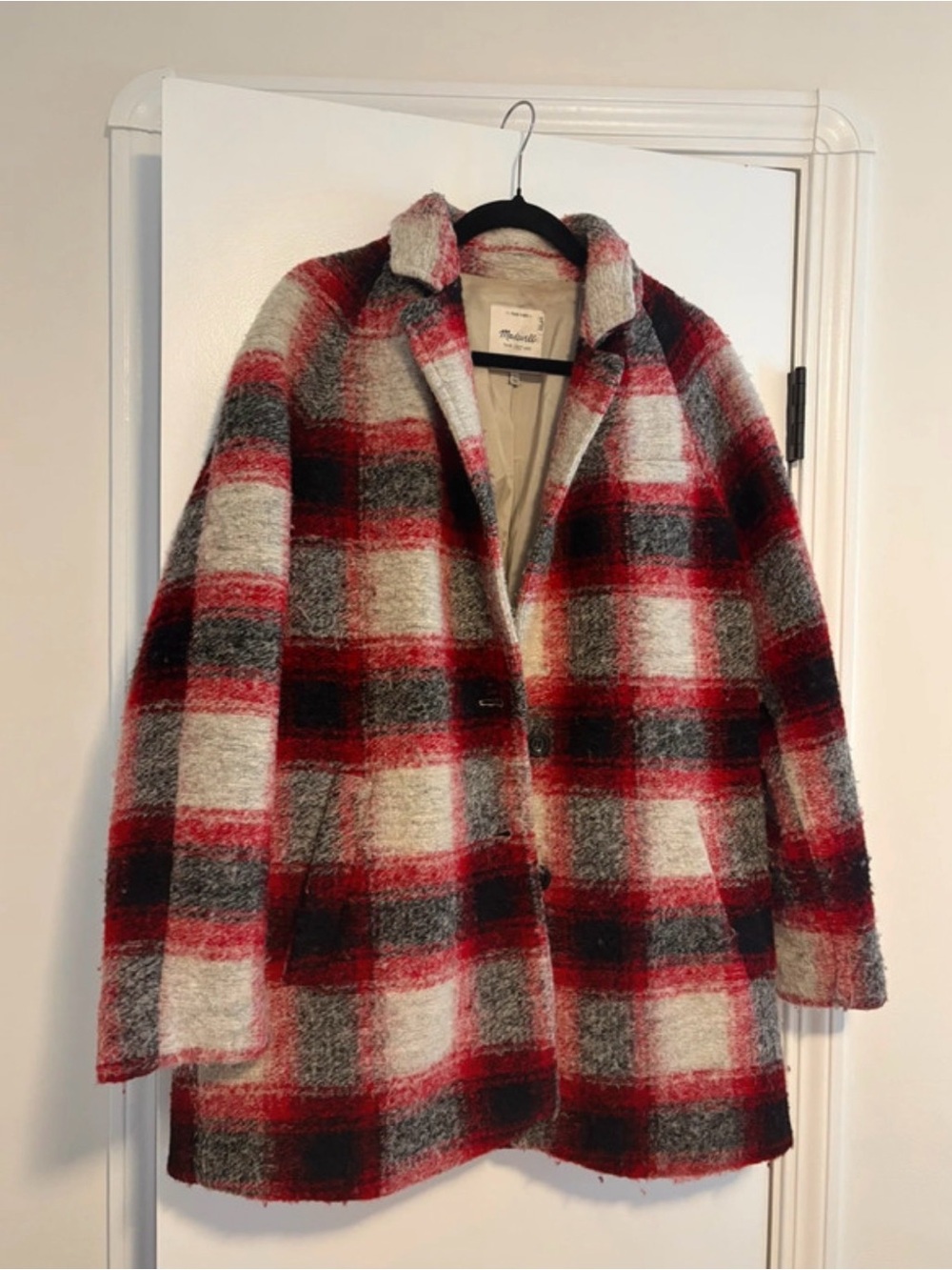 Madewell Red, Black & Cream Plaid Pea Coat